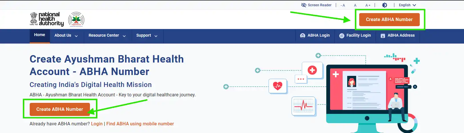 ABHA portal homepage showing the 'Create ABHA Number' button
