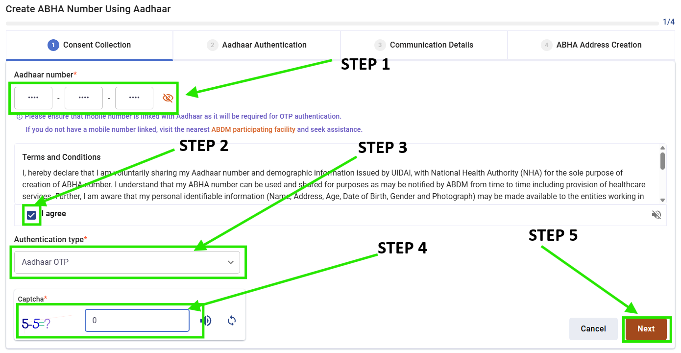 ABHA portal showing options for Aadhaar Card or Driving License