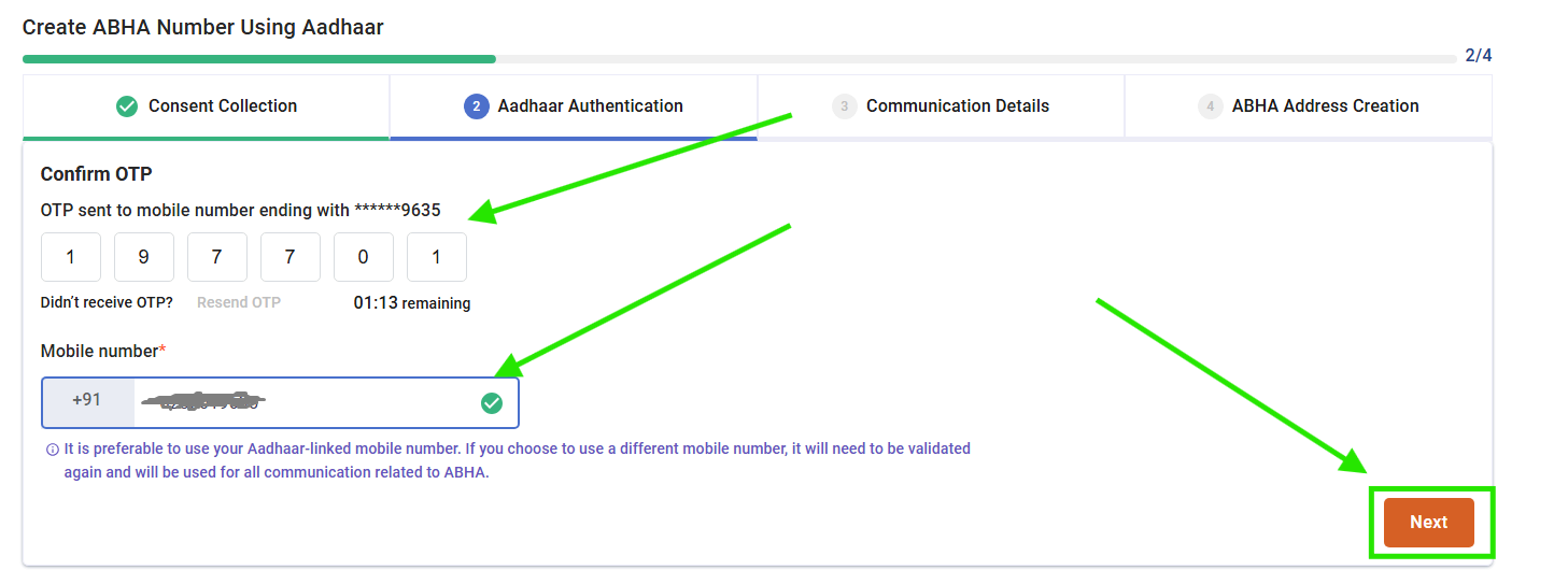 ABHA portal showing Aadhaar Card option selected