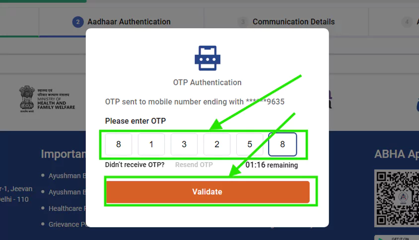 ABHA portal form for entering Aadhaar number, agreement, OTP type, and captcha