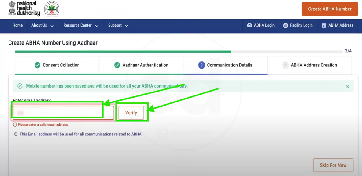 ABHA portal showing Aadhaar OTP and mobile number entry